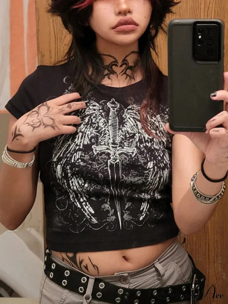 Grunge Wing Print Trendy Ribbed Knit Crop Top image 2