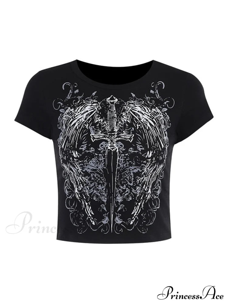 Grunge Wing Print Trendy Ribbed Knit Crop Top image 5