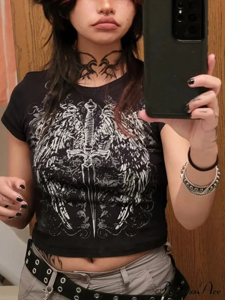 Grunge Wing Print Trendy Ribbed Knit Crop Top image 3