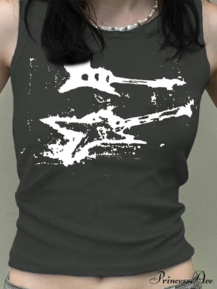 Guitar Print Sleeveless Y2K Casual Ribbed Women Crop Harajuku Fashion Vest 90s Street Outfits Tank top image 3