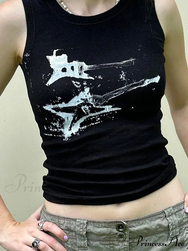 Guitar Print Sleeveless Y2K Casual Ribbed Women Crop Harajuku Fashion Vest 90s Street Outfits Tank top image 1