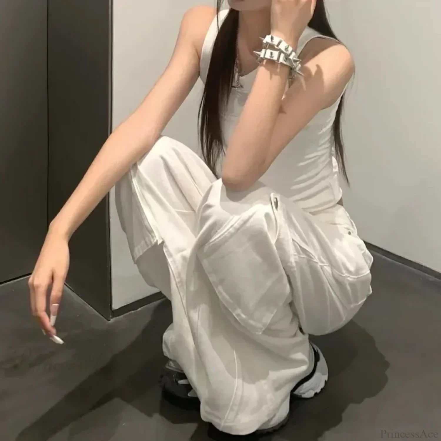 Gyaru White Cargo Jeans Wide Leg Pants image 2