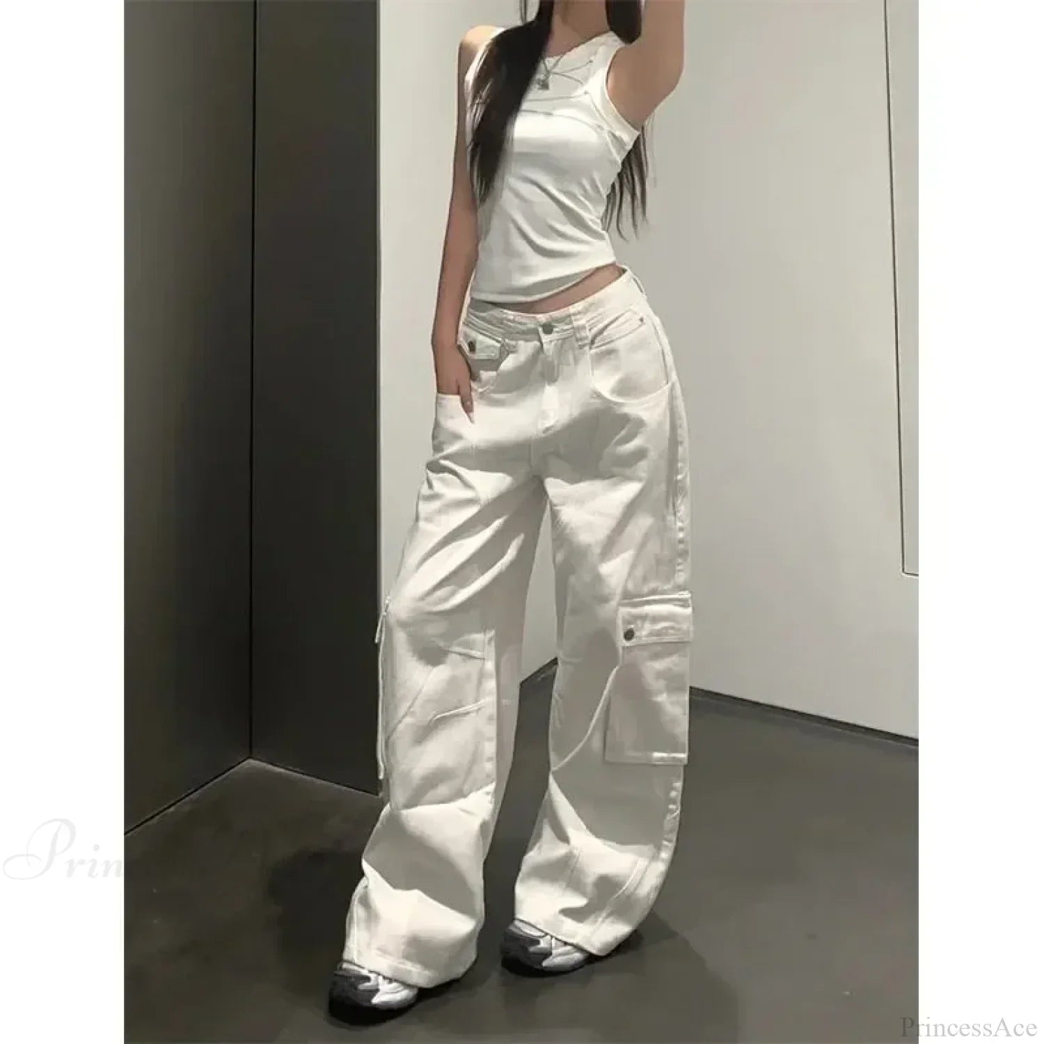 Gyaru White Cargo Jeans Wide Leg Pants image 1