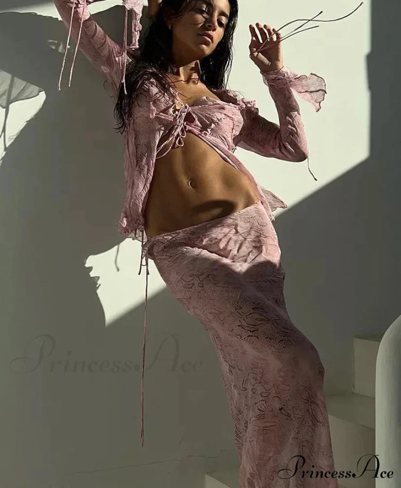 Sheer Lace-Up Print Two Stylish Piece Set image 4