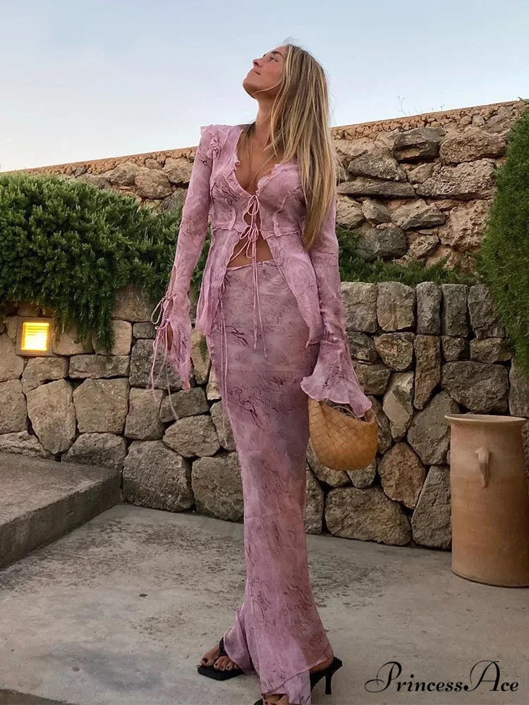 Sheer Lace-Up Print Two Stylish Piece Set image 1