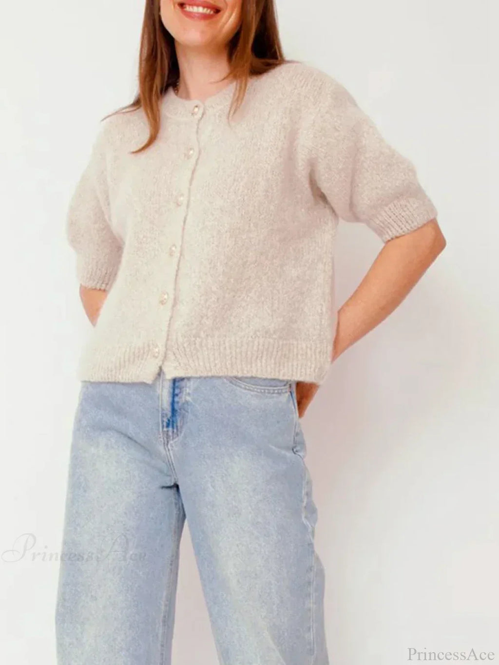 Half Sleeve O Neck Button-Up Knit Cardigan image 3
