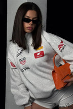 Half Zip Biker Print Stand Collar Loose Sweatshirt image 2
