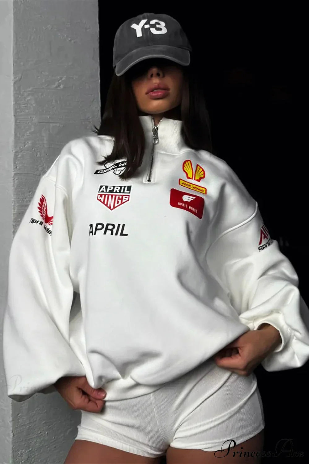 Half Zip Biker Print Stand Collar Loose Sweatshirt image 5
