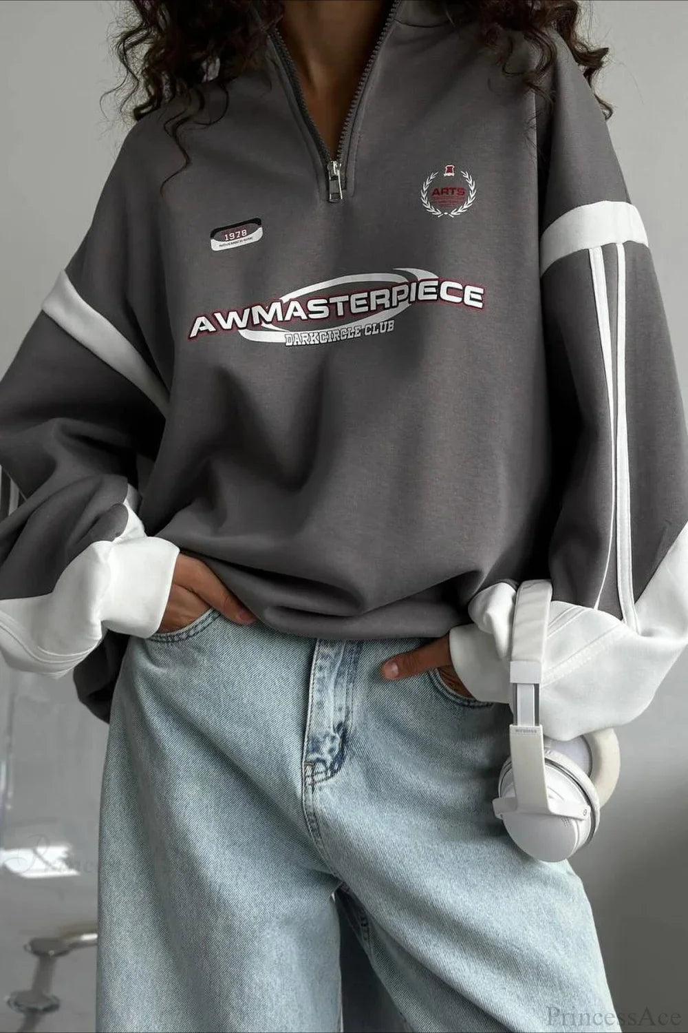 Half-Zip Stand Collar Letter Print Hoodie image 1