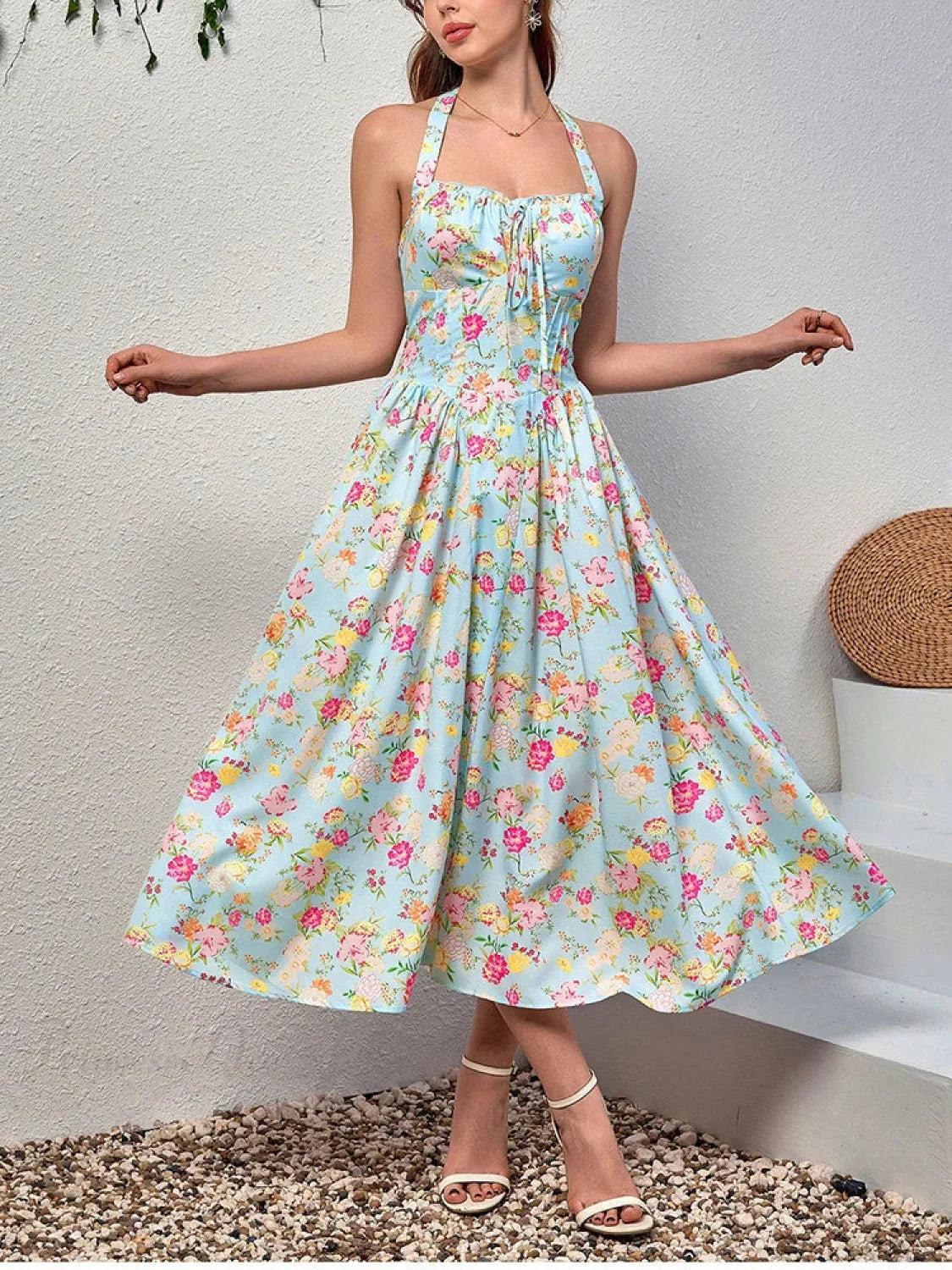 Halter Backless Print Floral Pink Dress image 4