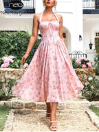 Halter Backless Print Floral Pink Dress image 1