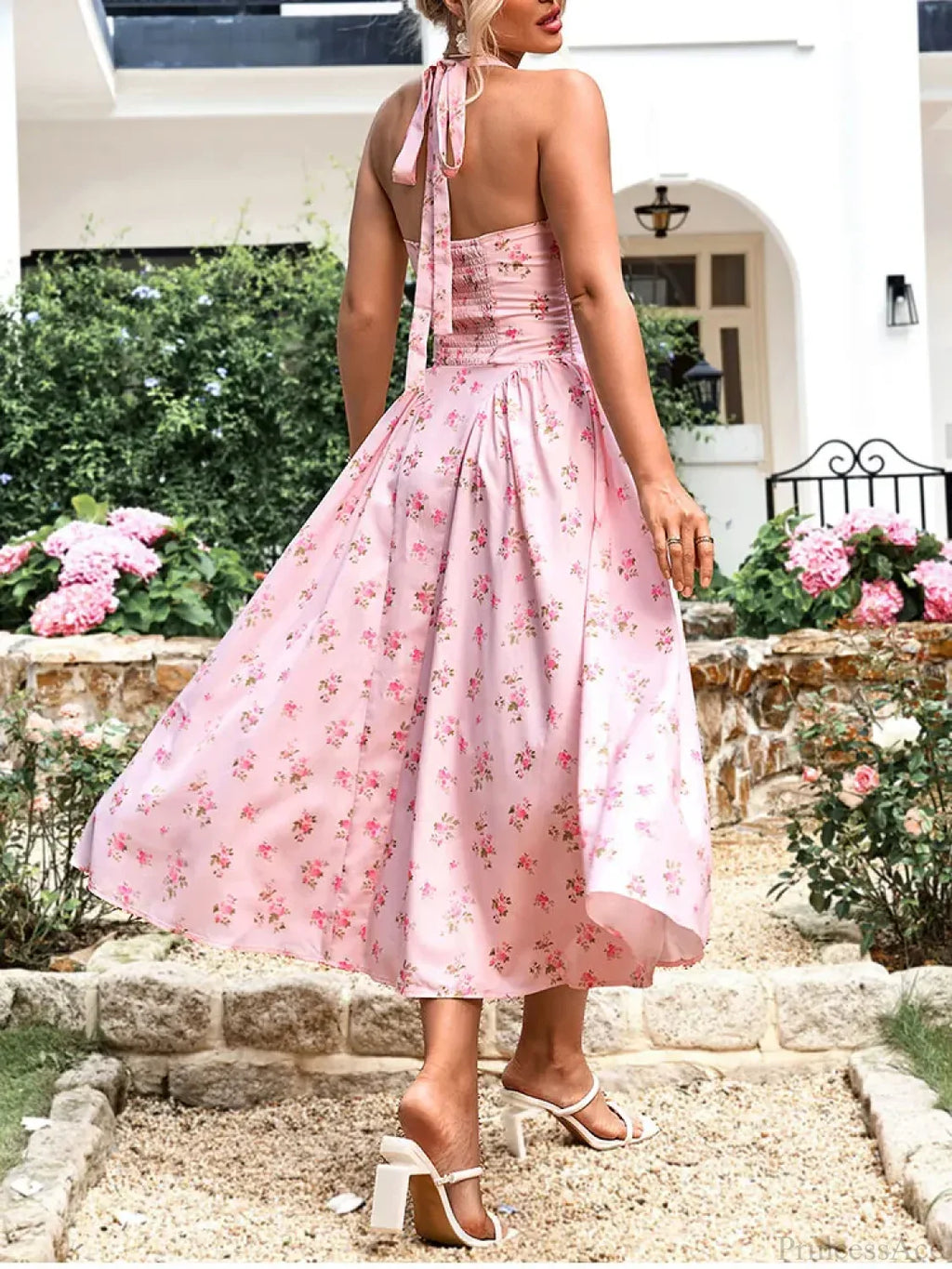 Halter Backless Print Floral Pink Dress image 2
