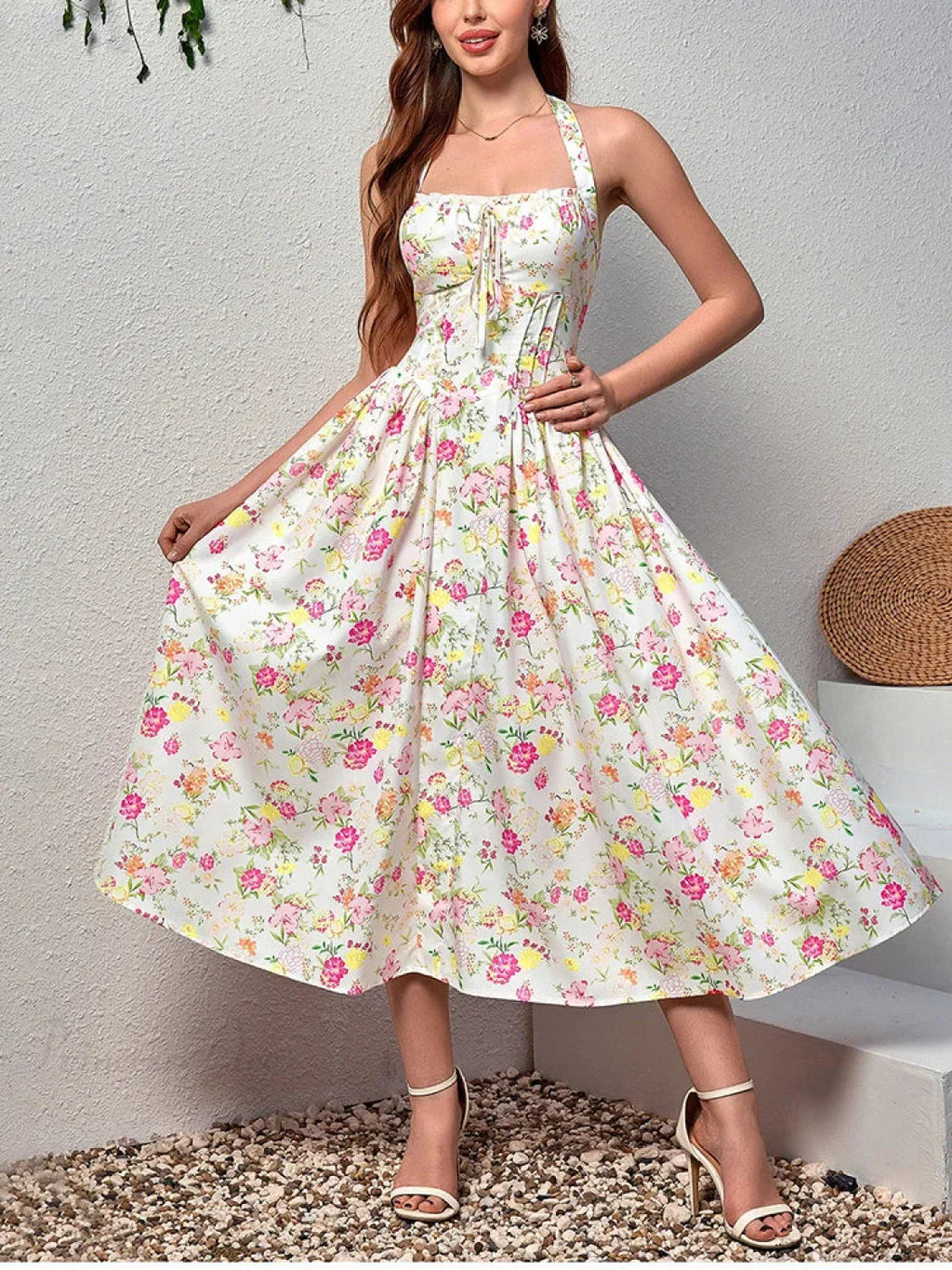 Halter Backless Print Floral Pink Dress image 6