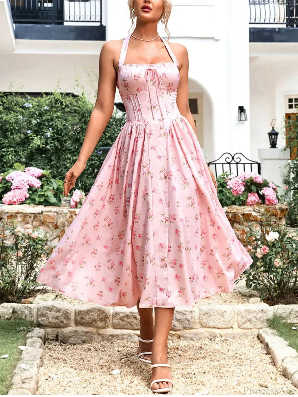 Halter Backless Print Floral Pink Dress image 7