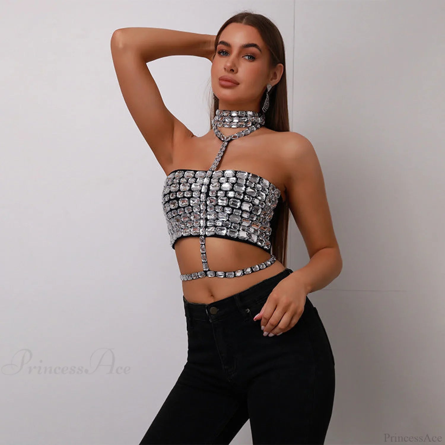 Halter Beaded Lace-Up Bandage Crop Prom Dress image 2