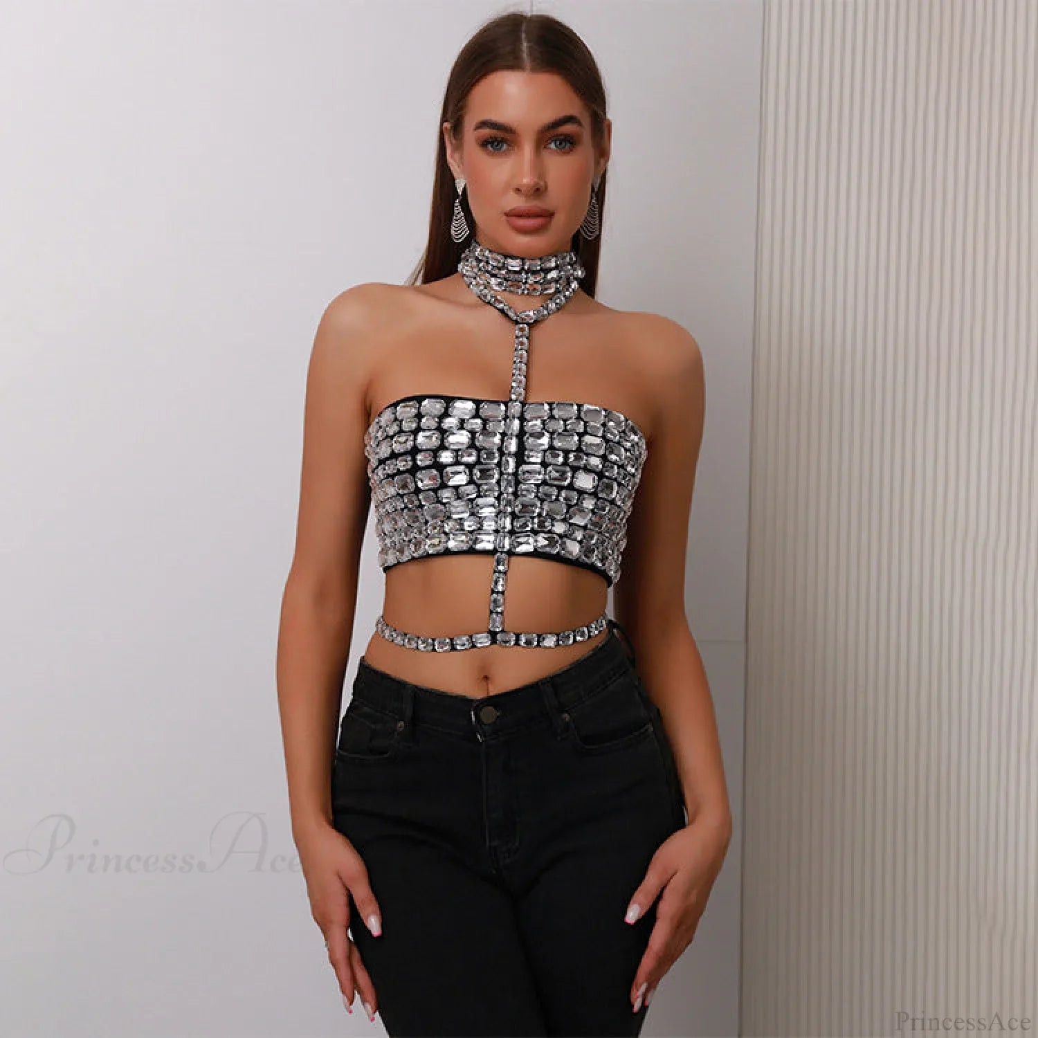 Halter Beaded Lace-Up Bandage Crop Prom Dress image 1