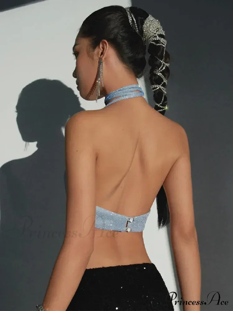 Halter Glitter Summer Outfits Blue Silk Camis Ruched Crop Backless Vests Sexys Cropped Clothes Tank top image 3