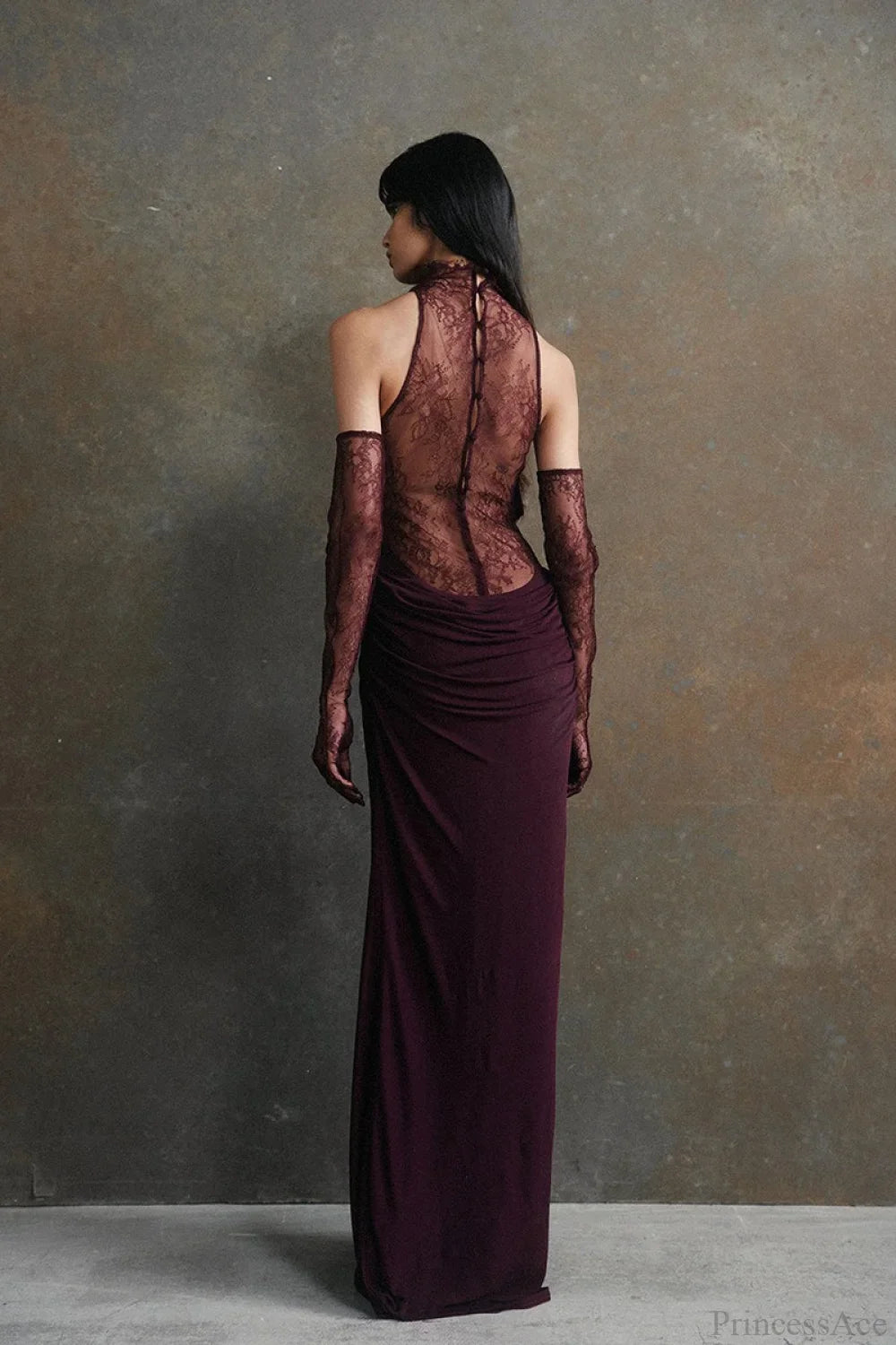 Halter Lace Paneled Deep V Ruched Evening Dress image 2