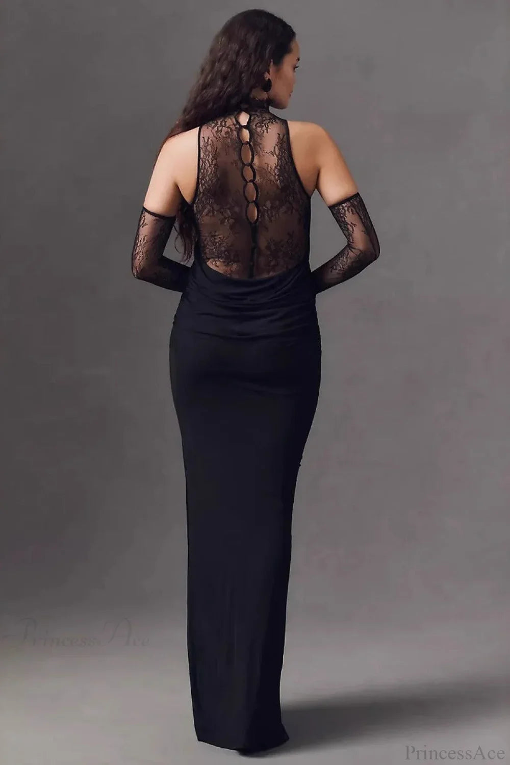 Halter Lace Paneled Deep V Ruched Evening Dress image 6