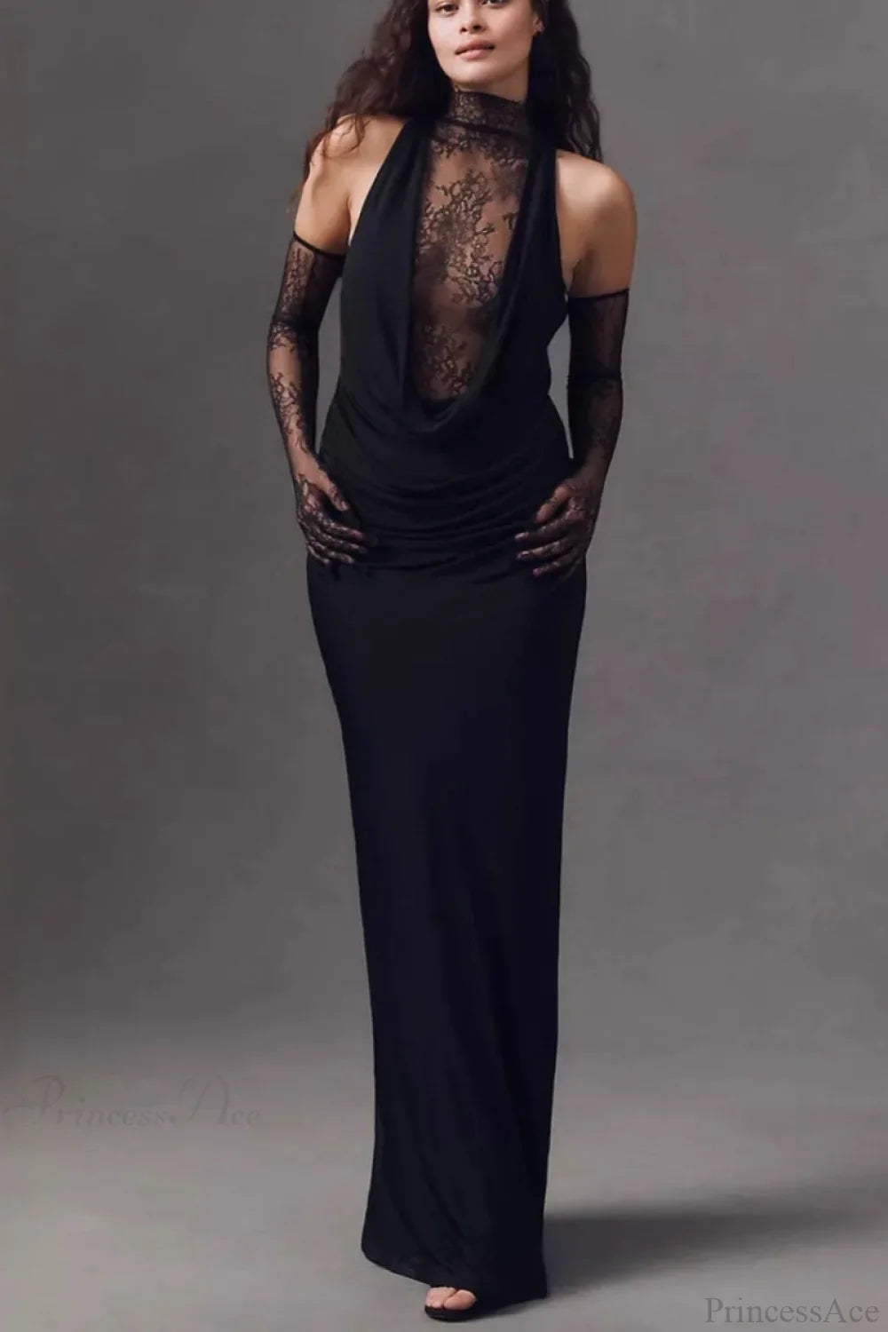Halter Lace Paneled Deep V Ruched Evening Dress image 5