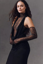 Halter Lace Paneled Deep V Ruched Evening Dress image 4