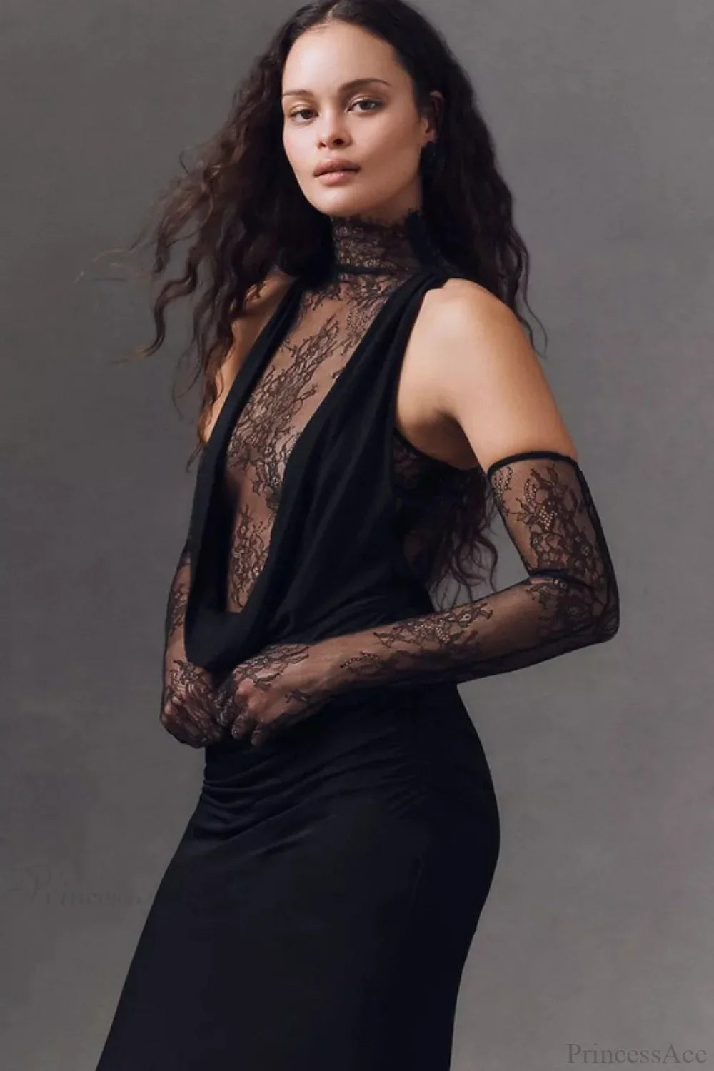 Halter Lace Paneled Deep V Ruched Evening Dress image 4