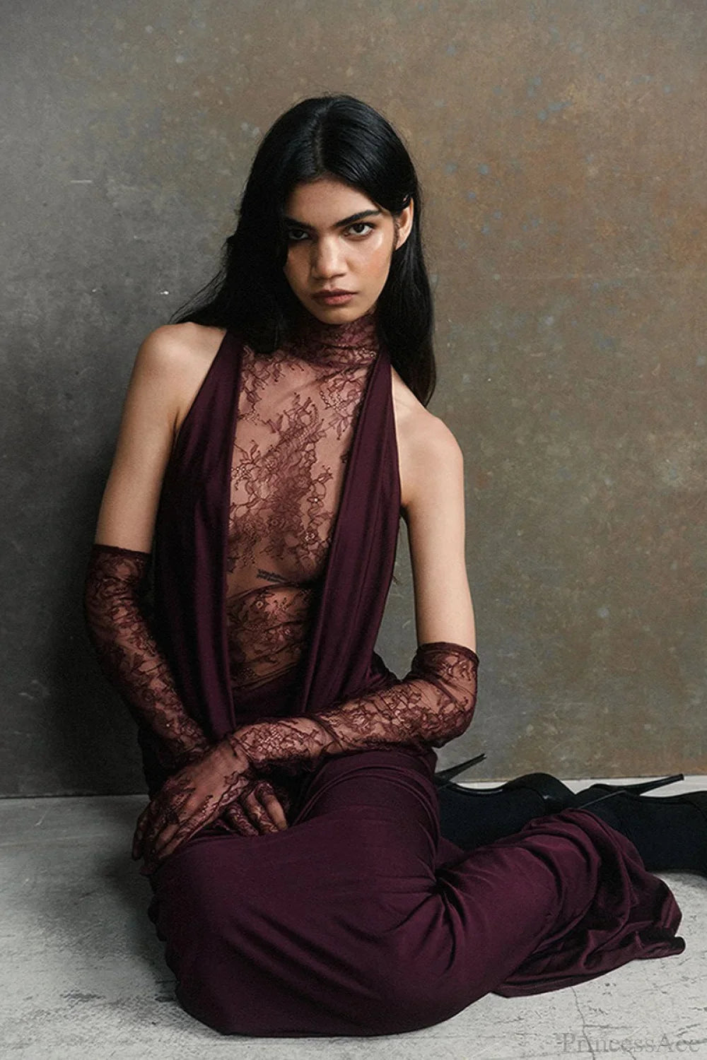 Halter Lace Paneled Deep V Ruched Evening Dress image 1
