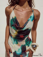 Halter Neck Tie Resort Graceful Style Print Mixi Dress image 2
