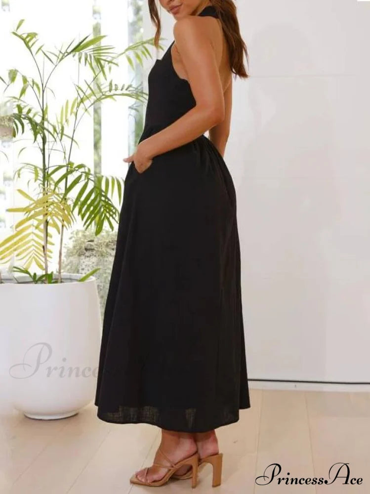 Halter Neck Waist Little Graceful Black Dress Mid Length Dress image 2