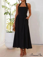 Halter Neck Waist Little Graceful Black Dress Mid Length Dress image 1