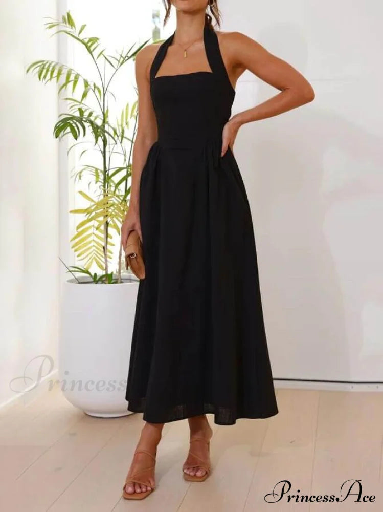 Halter Neck Waist Little Graceful Black Dress Mid Length Dress image 3