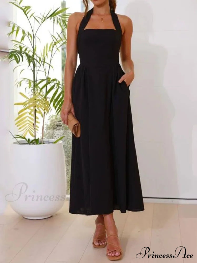 Halter Neck Waist Little Graceful Black Dress Mid Length Dress image 4