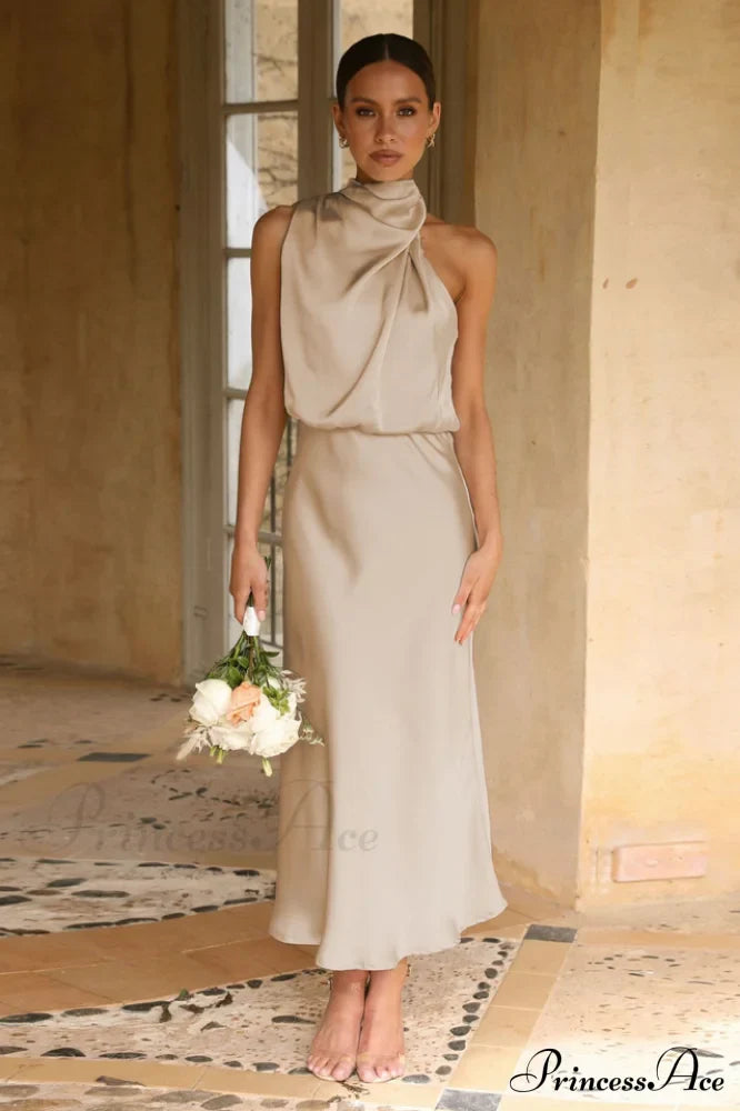 Halter Sleeveless Satin Bridesmaid Dress image 12