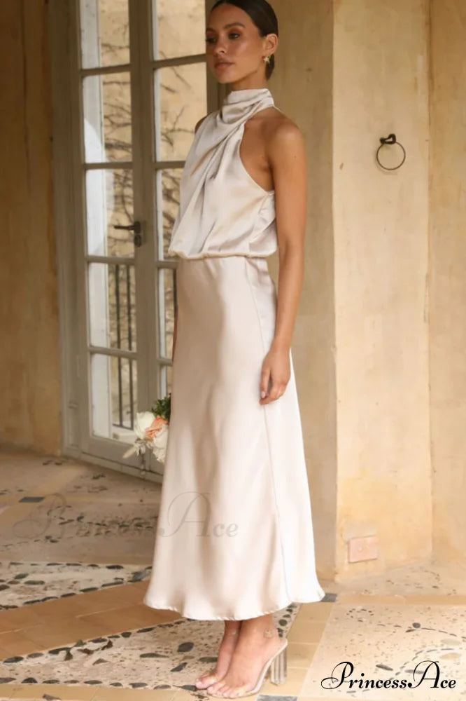 Halter Sleeveless Satin Bridesmaid Dress image 13