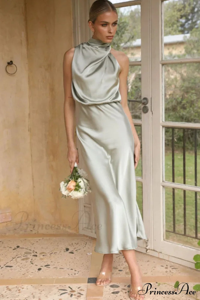 Halter Sleeveless Satin Bridesmaid Dress image 2