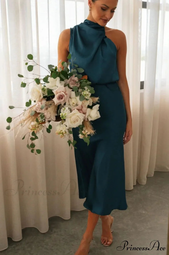 Halter Sleeveless Satin Bridesmaid Dress image 29