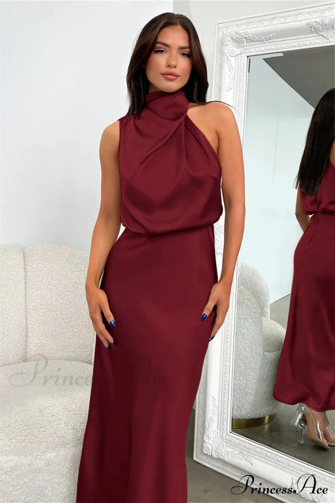 Halter Sleeveless Satin Bridesmaid Dress image 38