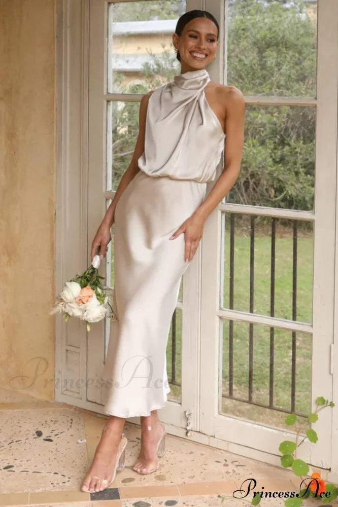 Halter Sleeveless Satin Bridesmaid Dress image 11