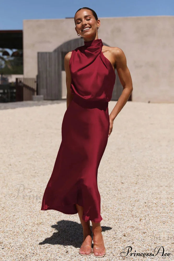 Halter Sleeveless Satin Bridesmaid Dress image 34