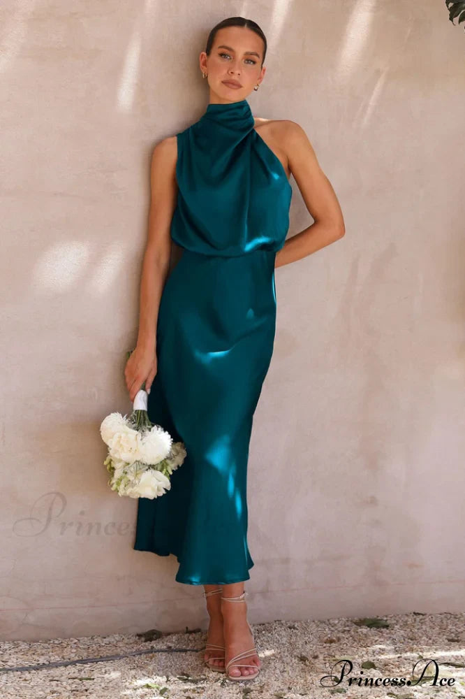 Halter Sleeveless Satin Bridesmaid Dress image 28