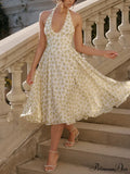 Halterneck Deep V Charming Floral Backless Midi Dress image 1