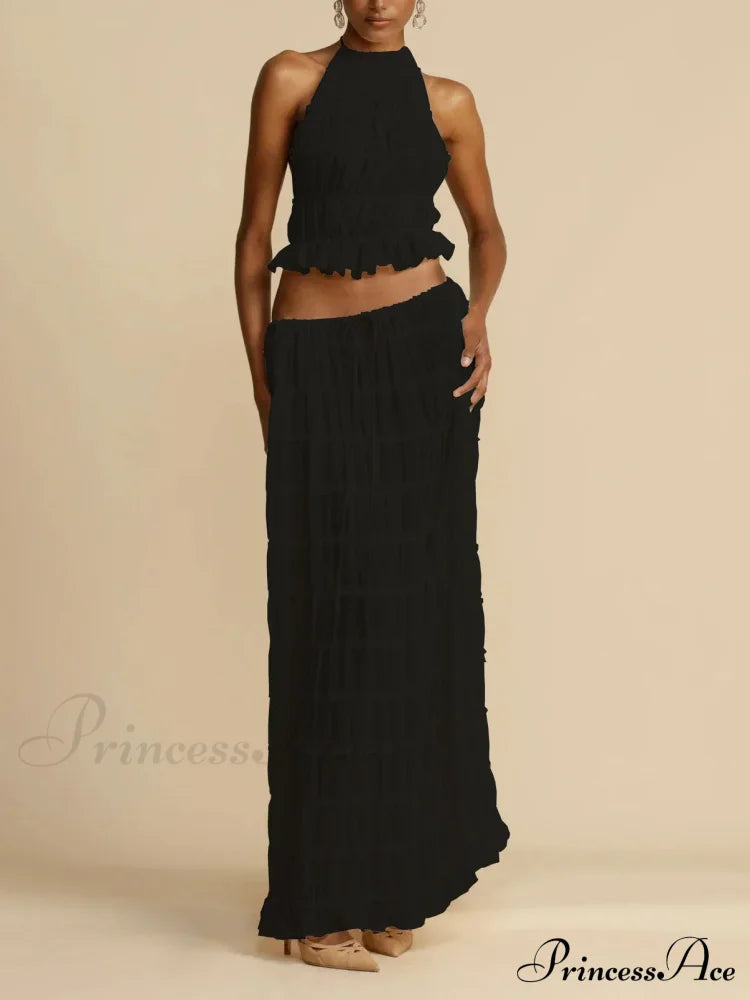 Halterneck Ruched Open Back Tie Trendy Up Top And Maxi Skirt Set image 12