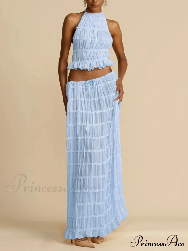Halterneck Ruched Open Back Tie Trendy Up Top And Maxi Skirt Set image 10