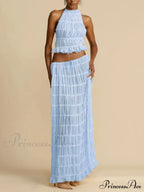 Halterneck Ruched Open Back Tie Trendy Up Top And Maxi Skirt Set image 10