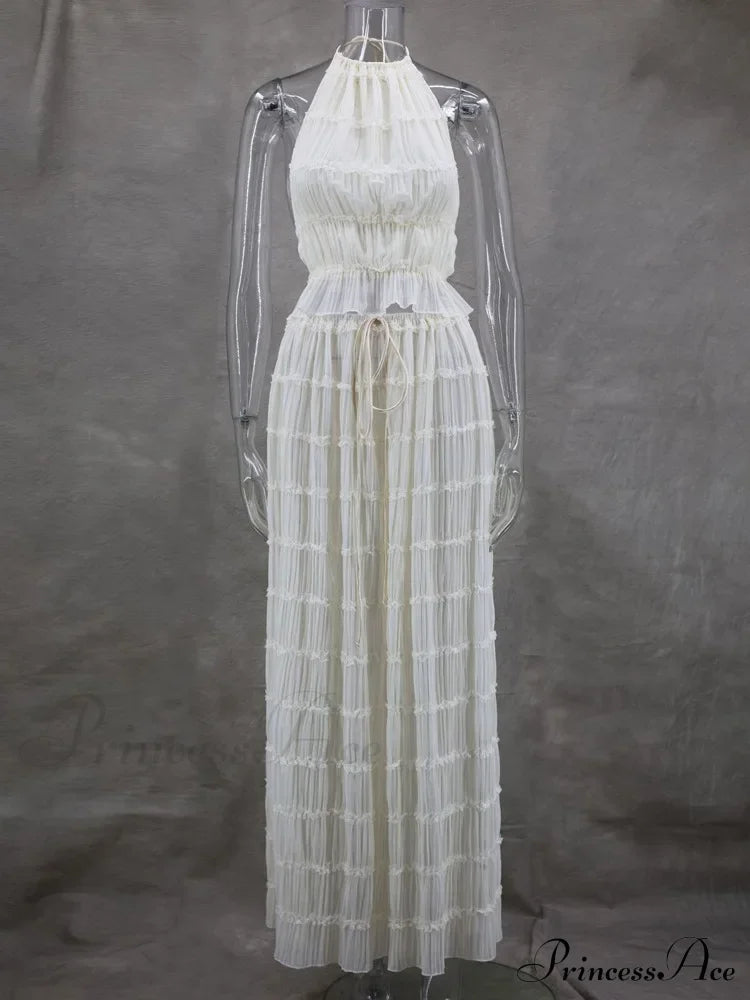 Halterneck Ruched Open Back Tie Trendy Up Top And Maxi Skirt Set image 7