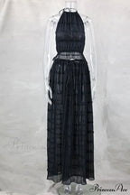 Halterneck Ruched Open Back Tie Trendy Up Top And Maxi Skirt Set image 14
