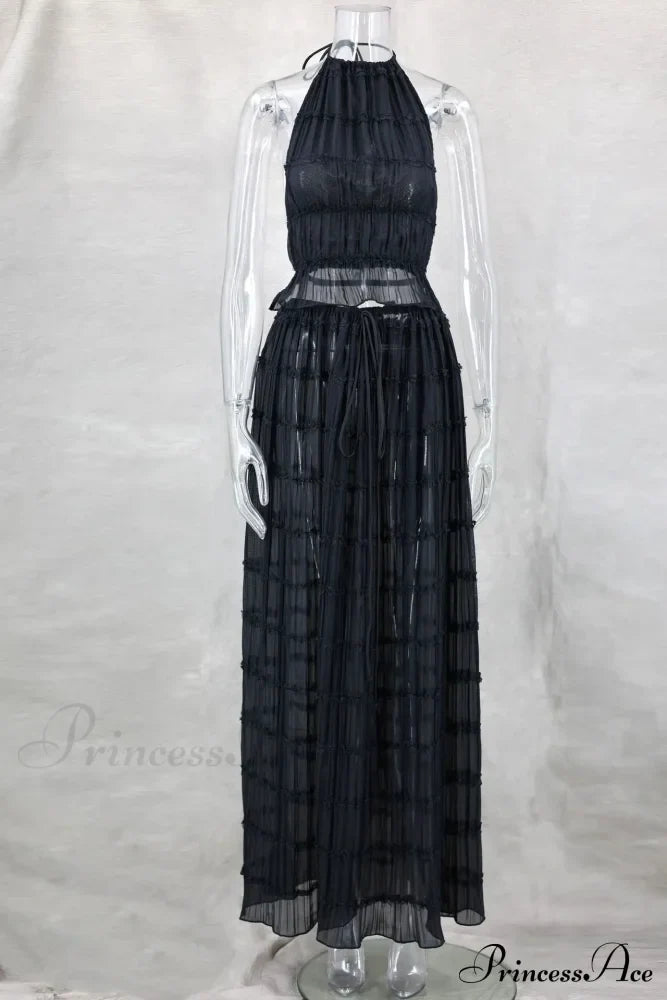 Halterneck Ruched Open Back Tie Trendy Up Top And Maxi Skirt Set image 14