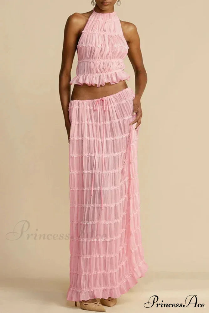 Halterneck Ruched Open Back Tie Trendy Up Top And Maxi Skirt Set image 20