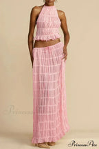 Halterneck Ruched Open Back Tie Trendy Up Top And Maxi Skirt Set image 20
