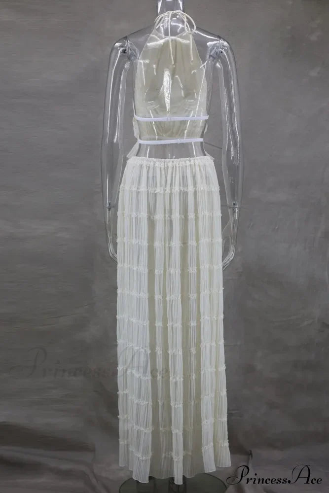 Halterneck Ruched Open Back Tie Trendy Up Top And Maxi Skirt Set image 13